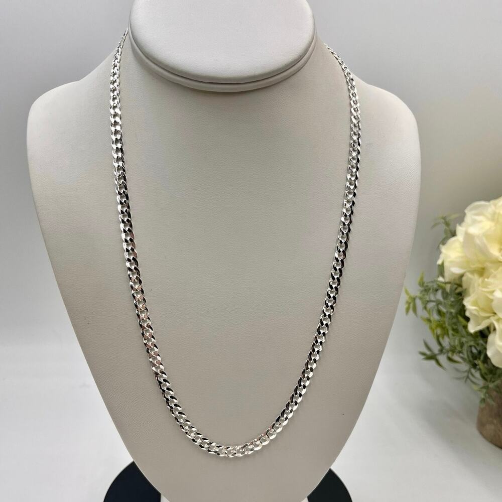 SJ‎ 925 Italy Sterling Sterling Flat Cuban Link Diamond Etched Chain Necklace